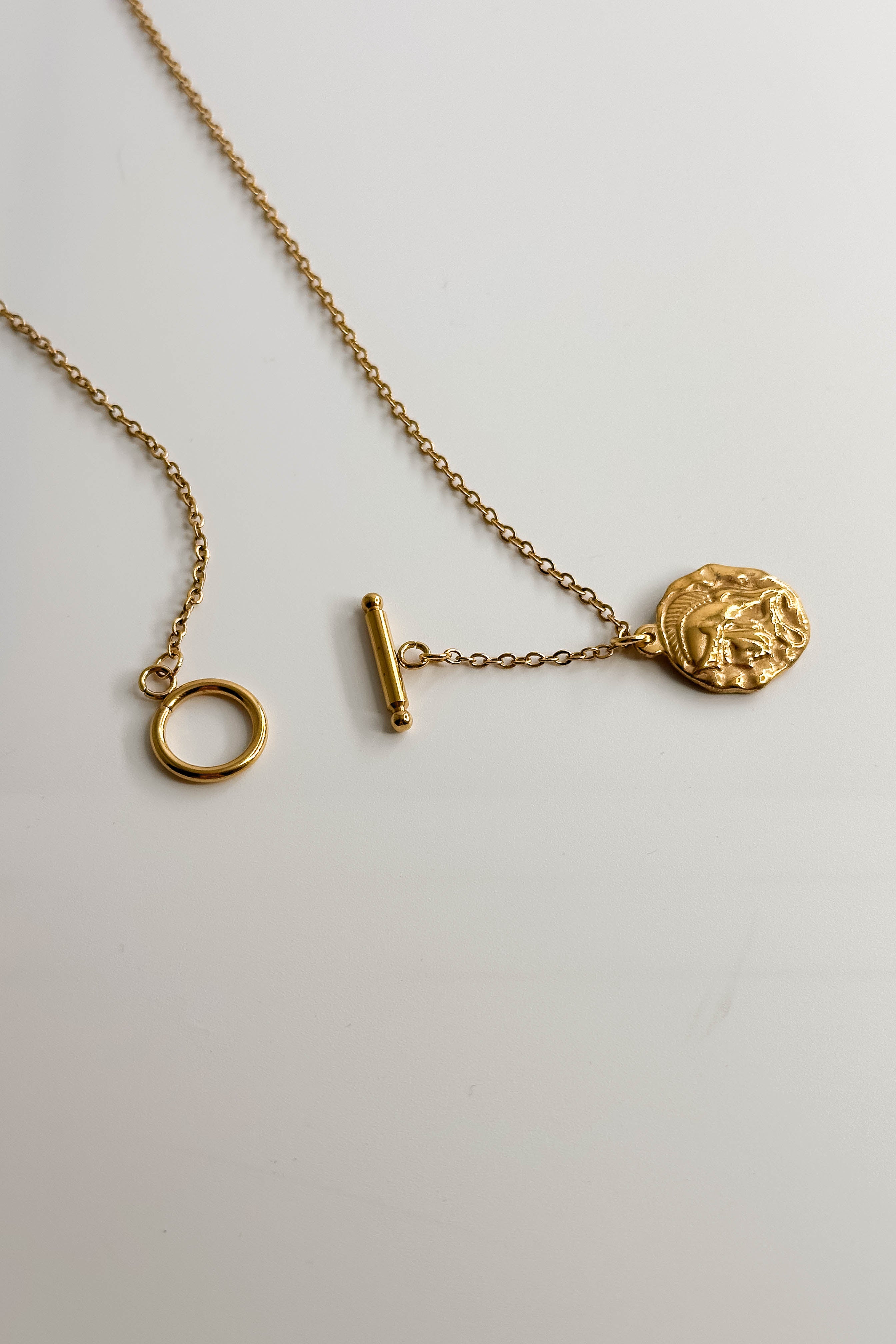 Image of the Alexandra Gold Medallion Necklace against a white background. Necklace has gold chain with toggle closure and gold circle medallion with side profile of a gladiator. Necklae is shown unhooked.