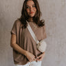 Front view of female model wearing the Destiny Ribbed Short Sleeve Top in brown which features Ribbed Fabric, Round Neckline and Short Sleeves.