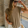 Front view of female model wearing the Amber Light Brown Short Sleeve Top which featuresLight Mocha Brown Lightweight Fabric, Round Neckline and Short Sleeves.