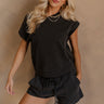 Front view of female model wearing the Kennedy Washed Black Short Sleeve Top which features Washed Black Cotton Fabric, Short Sleeves and Round Neckline