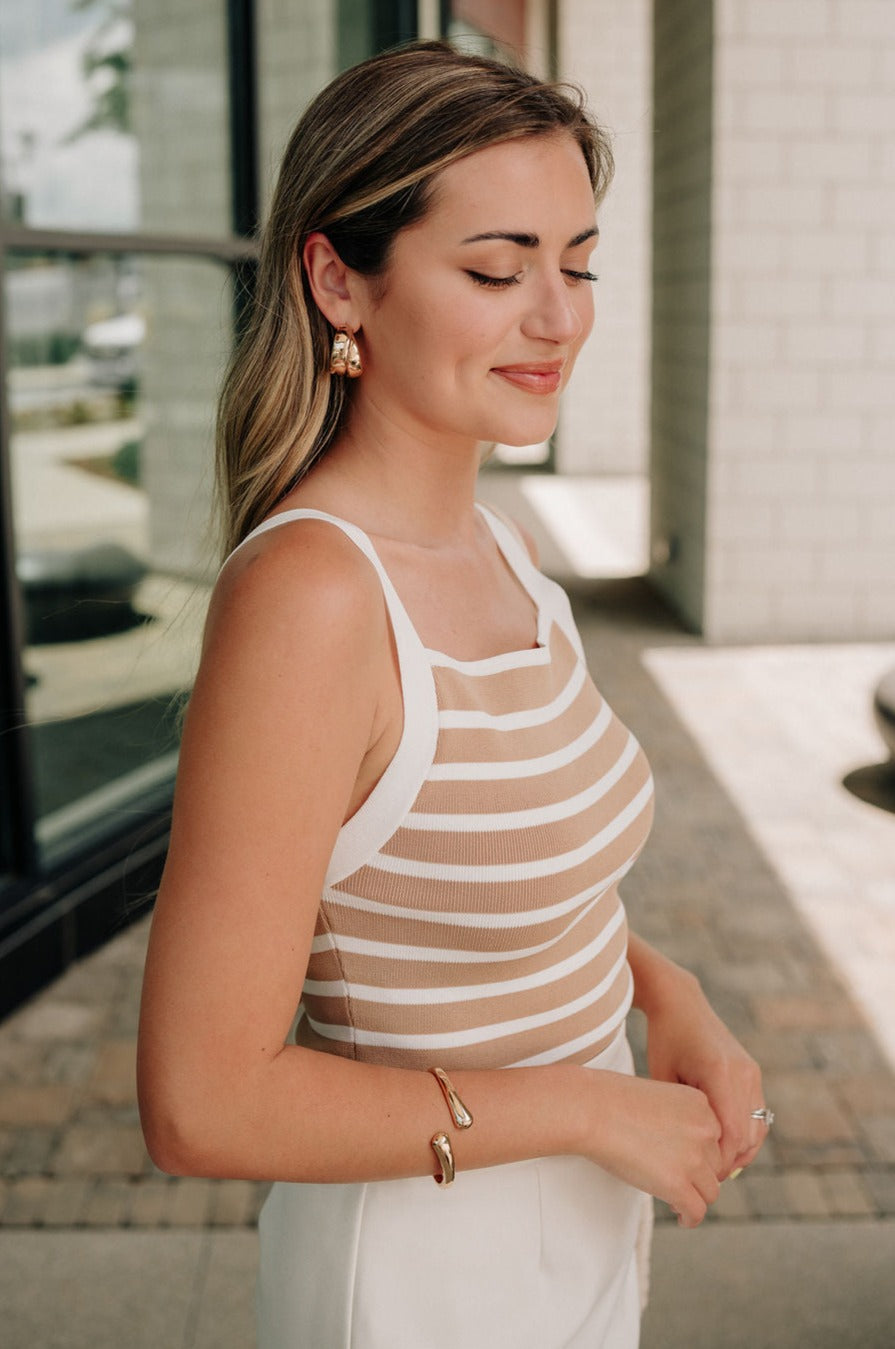side view of female model wearing the Vanessa Stripe Square Neckline Tank which features Stripe Print, Sleeveless and Square Neckline