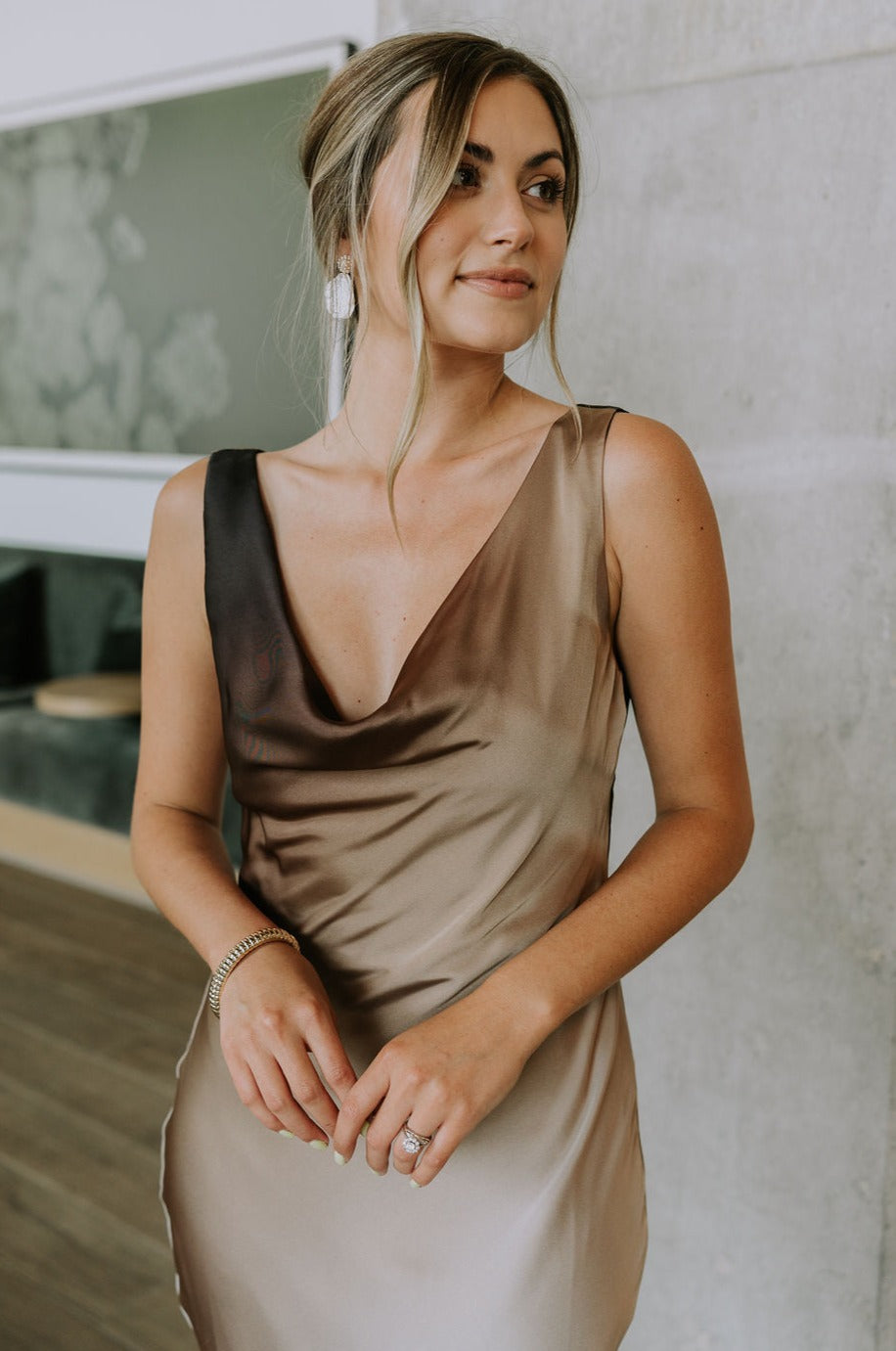 front  view of female model wearing the Franceska Taupe Ombre Satin Midi Dress which features Brown Ombre Satin Fabric, Midi Length, Sleeveless, Black Thigh Length Lining and Cowl Neckline