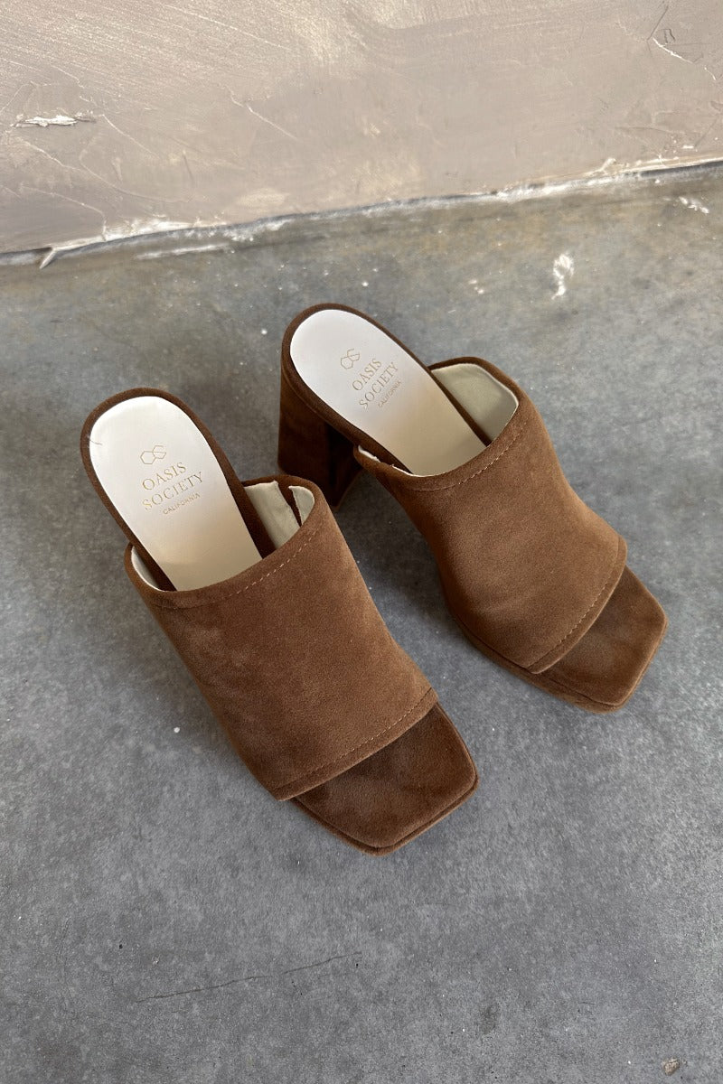 Ariel view of the Vivienne Brown Suede Slide Heel which features brown soft suede, platform sole, slide-on style and block heel.