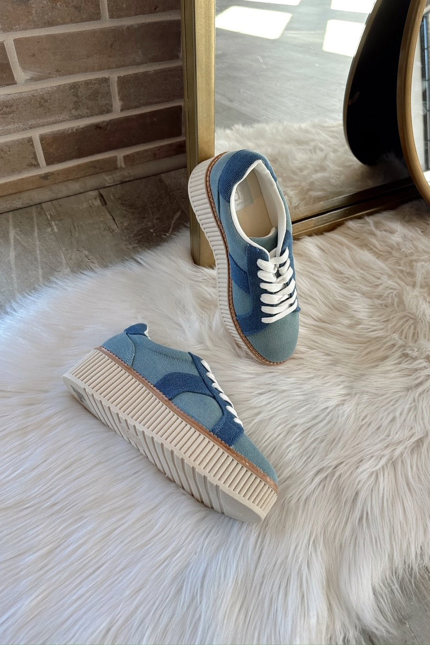 Ariel view of Bubbles Platform Sneaker in Denim which features 2" heel; 1-1/2" platform Round toe Lace up Cushioned insole, memory foam and lightweight, flexible sole for added comfort.