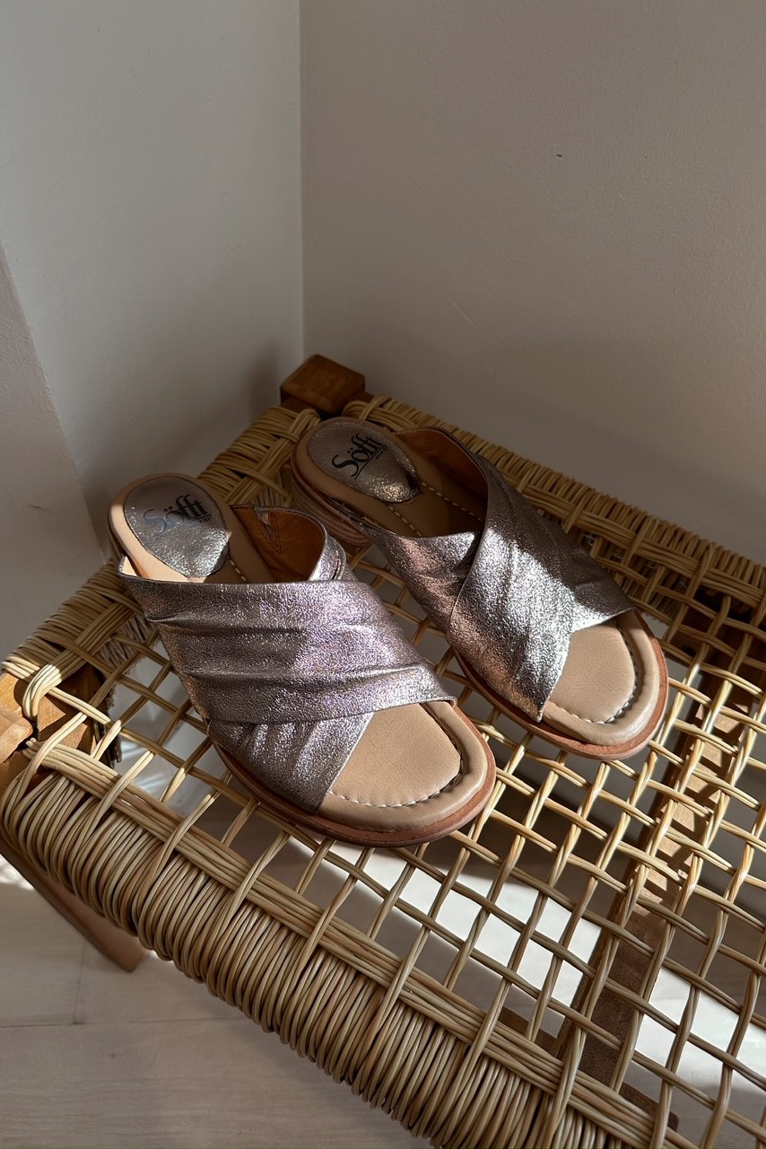 Right front ariel view of Fallon Sandal in Bronze which features Leather lining Synthetic-lined footbed, cushioned for extra comfort Flexible, slip-resistant TPR outsole with leather welt Rounded stacked heel Heel Height: 1 1/2 inches.