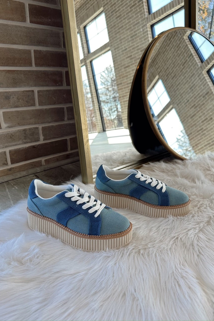 Front angle view of Bubbles Platform Sneaker in Denim which features 2" heel; 1-1/2" platform Round toe Lace up Cushioned insole, memory foam and lightweight, flexible sole for added comfort.