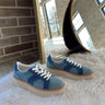 Front angle view of Bubbles Platform Sneaker in Denim which features 2" heel; 1-1/2" platform Round toe Lace up Cushioned insole, memory foam and lightweight, flexible sole for added comfort.