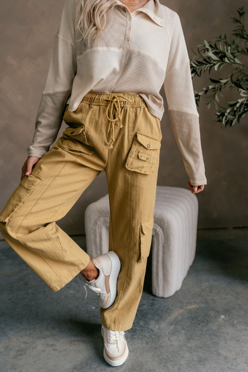 Long Pants, Light Tan Buttoned Corduroy Pants Elastic Waist Frill