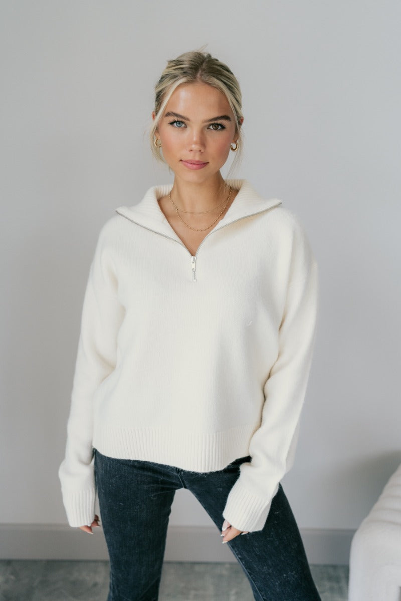Rib-knit Half-zip Sweater - Cream - Ladies