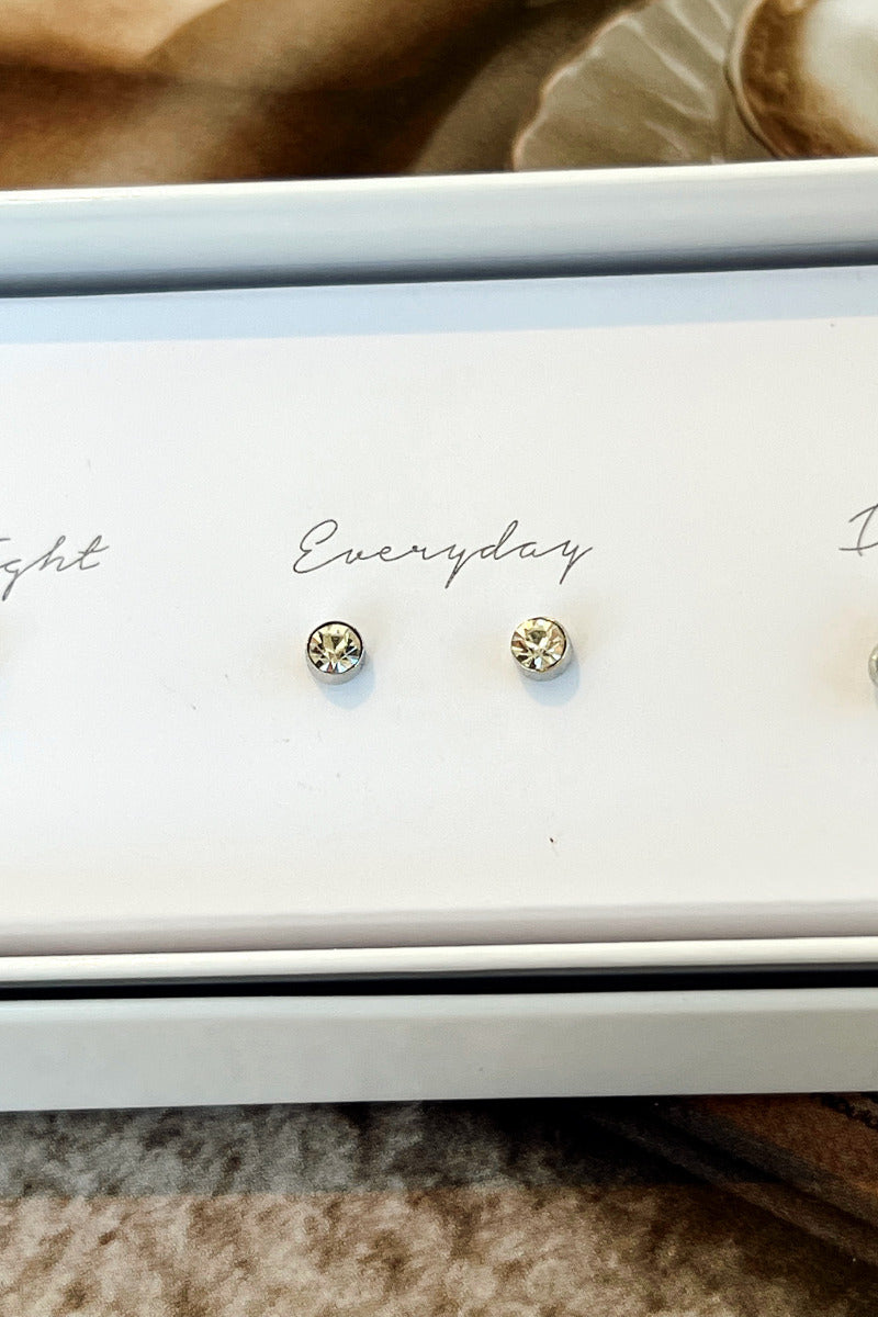 Close-up view of the 'everyday' rhinestone stud earrings.