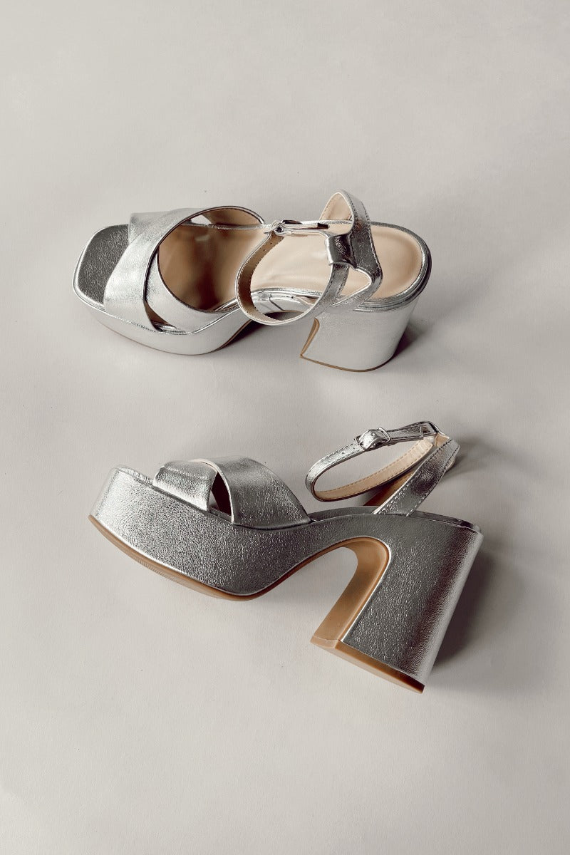 Ariel view of Funkie Platform Heels features silver criss cross strap, platform sole, block heel and adjustable ankle straps.