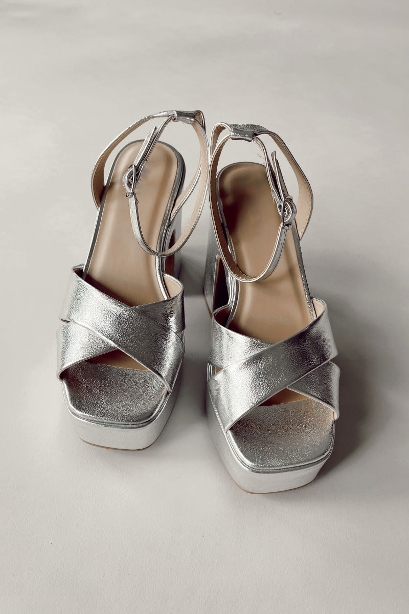 Front view of Funkie Platform Heels features silver criss cross strap, platform sole, block heel and adjustable ankle straps.