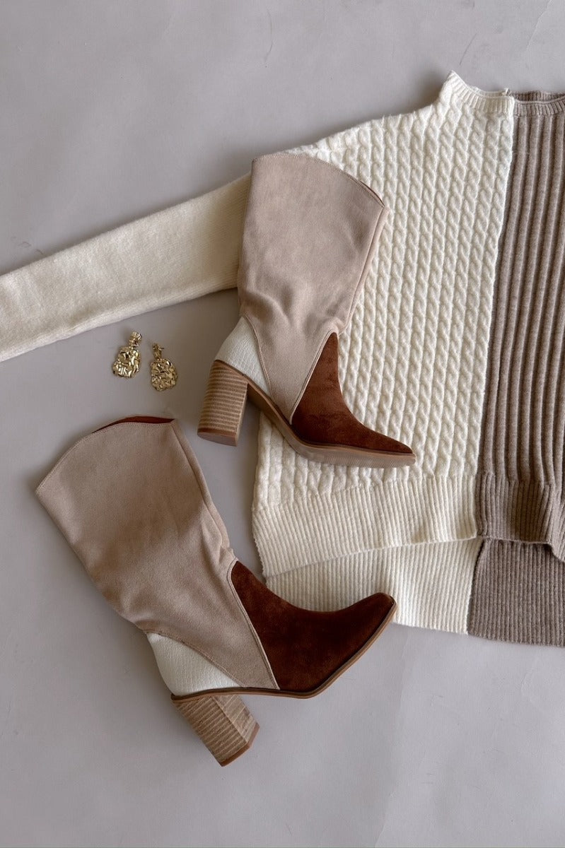 Flat lay view of the Kristin Tri-Tone Boot which features beige, white and camel suede upper fabric, color-block pattern, square toe, curved topline and wooden block heel.