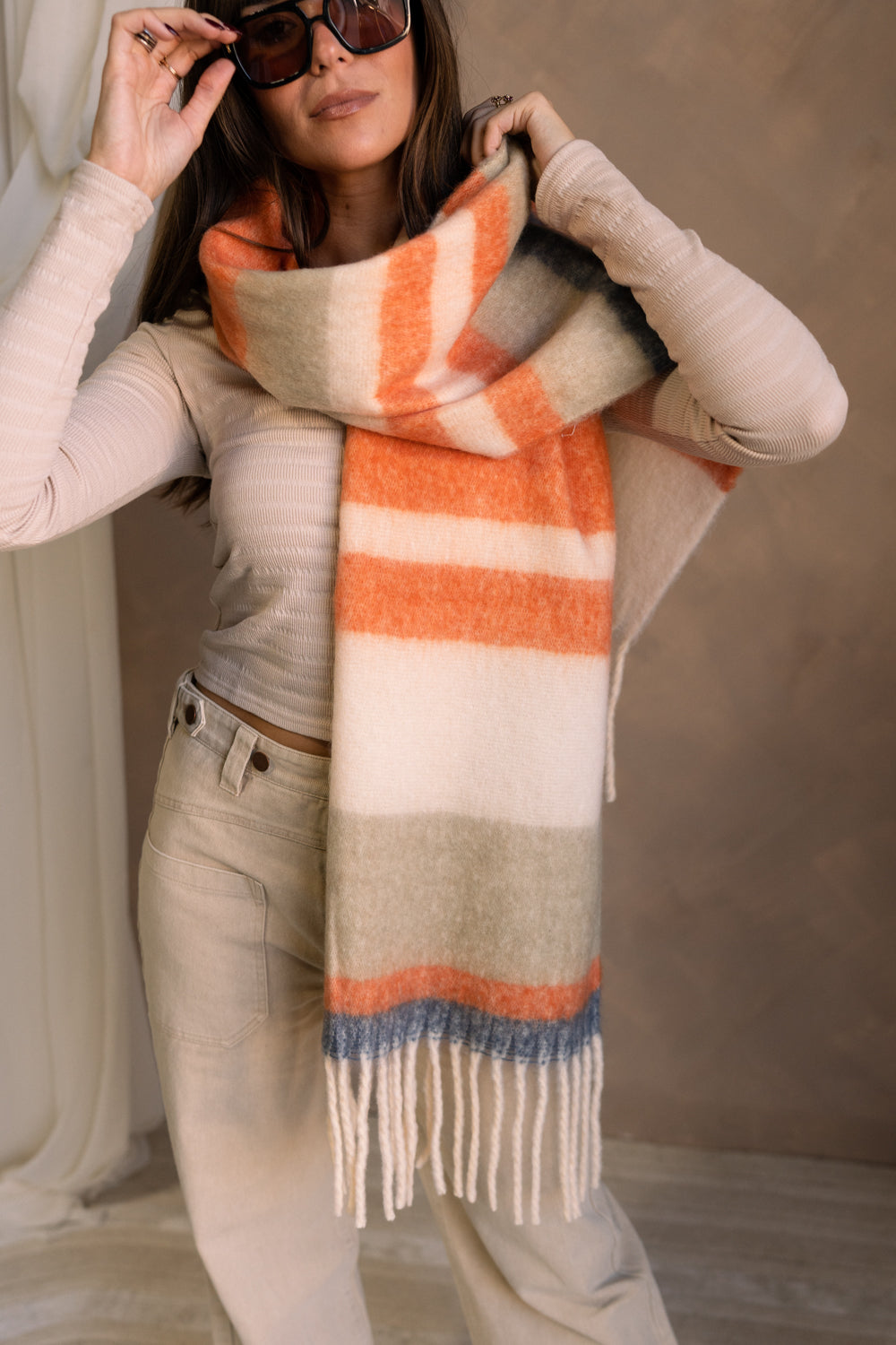 Rylie Orange Striped Fringe Scarf - Front View