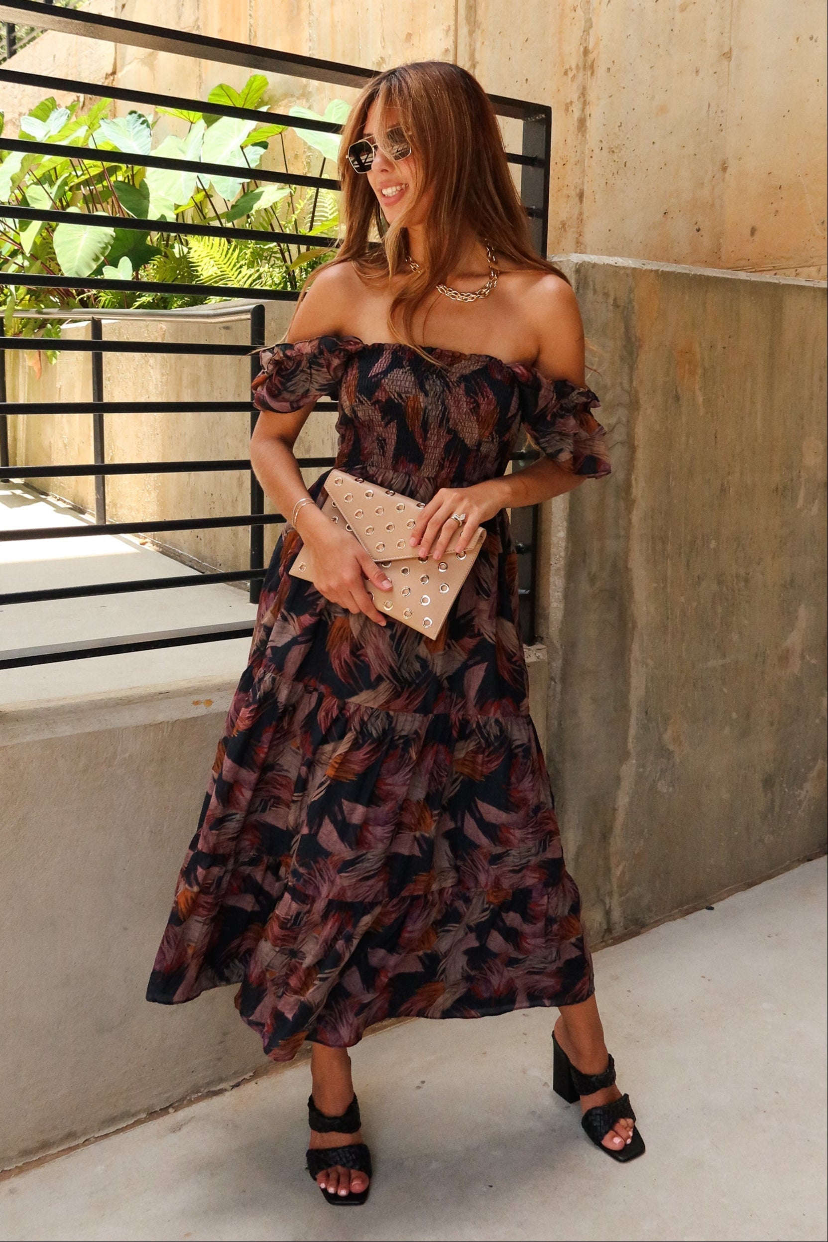 leilani navy palm print midi dress - front view