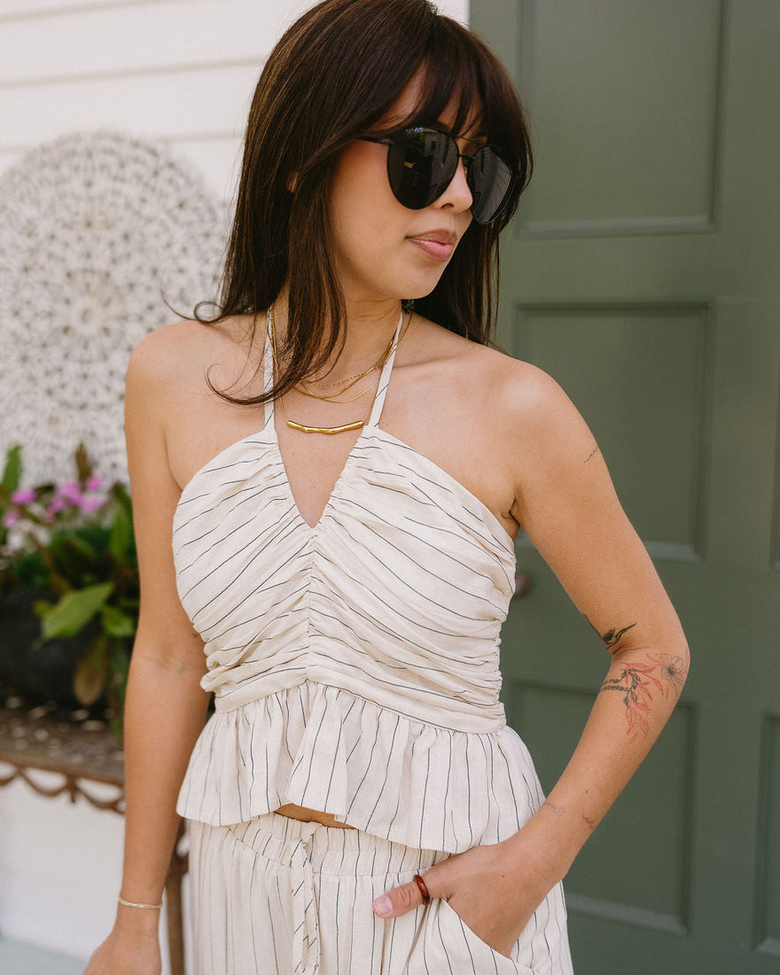 Eliana Oatmeal & Black Stripe Peplum Tank - Front View