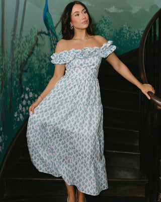 Harper Blue & White Floral Midi Dress - Front View