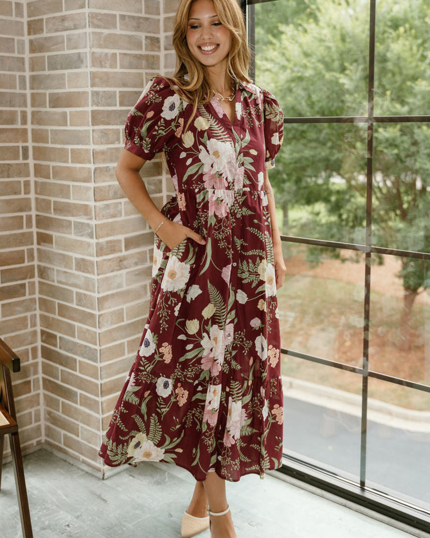 madeline burgundy floral midi dress