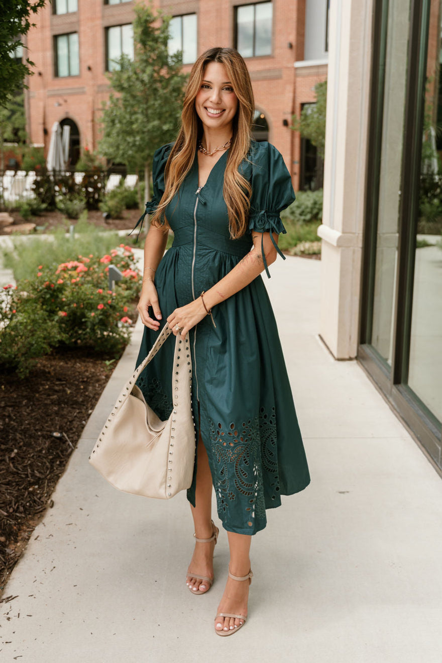 Estella Teal Eyelet Zip Up Midi Dress - front view