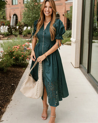 Estella Teal Eyelet Zip Up Midi Dress - front view