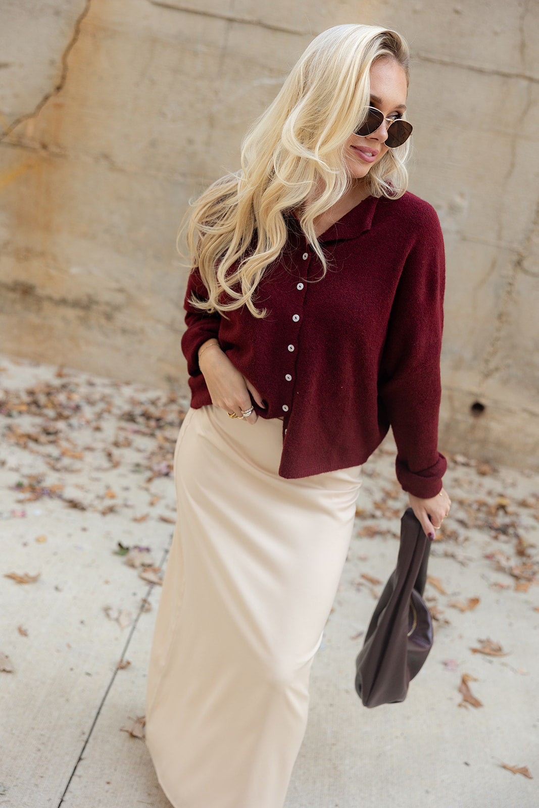 Rowyn Burgundy Button-Up Knit Cardigan - front view