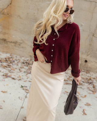 Rowyn Burgundy Button-Up Knit Cardigan - front view