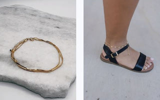 Image shows close up gold anklet against a white marble background next to an image of woman's ankle with a gold anklet and black sandal.