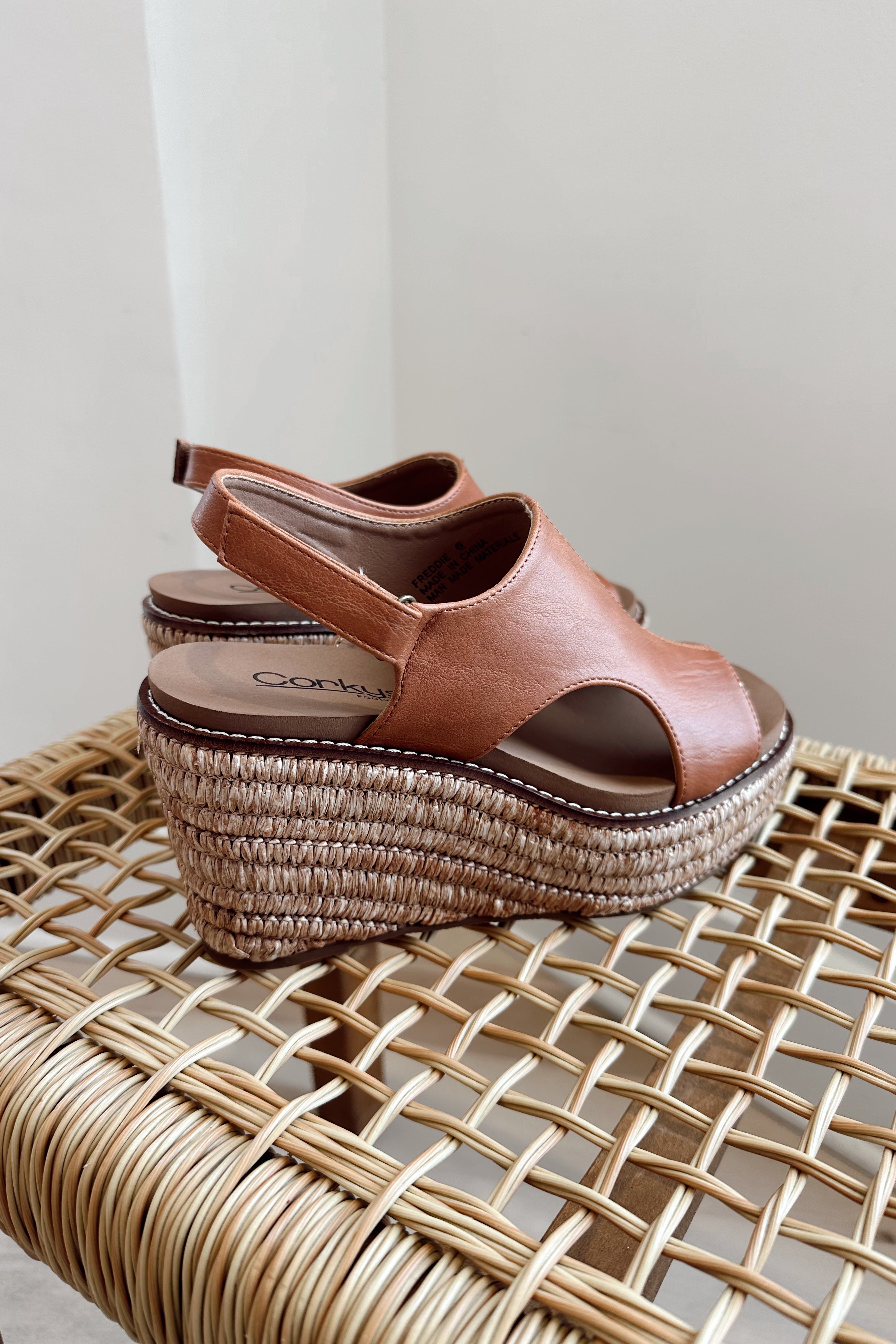 Freddie Cognac Smooth Wedge Sandal- right side view