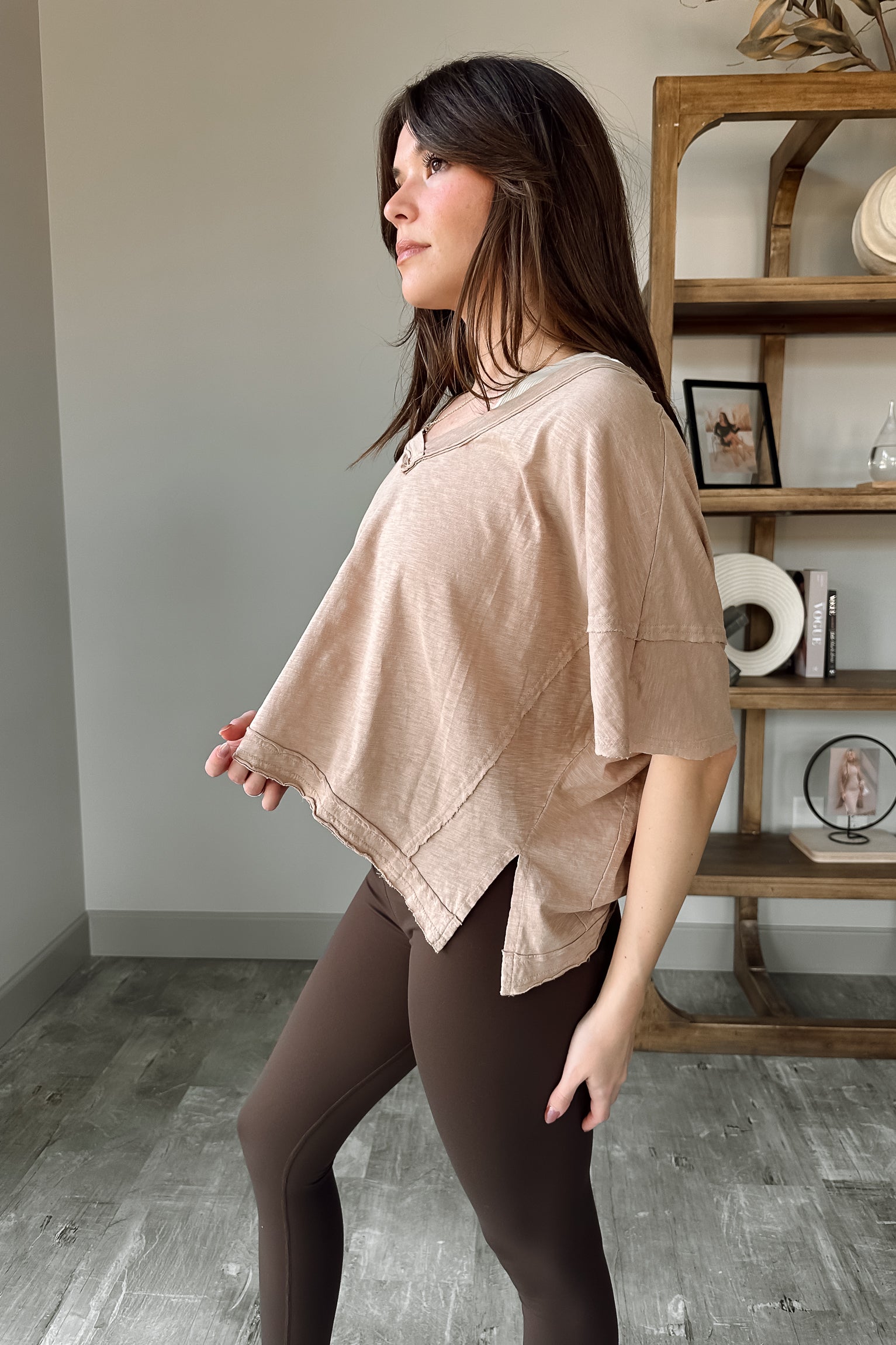 Elena Dark Taupe V-Neckline Top- side view