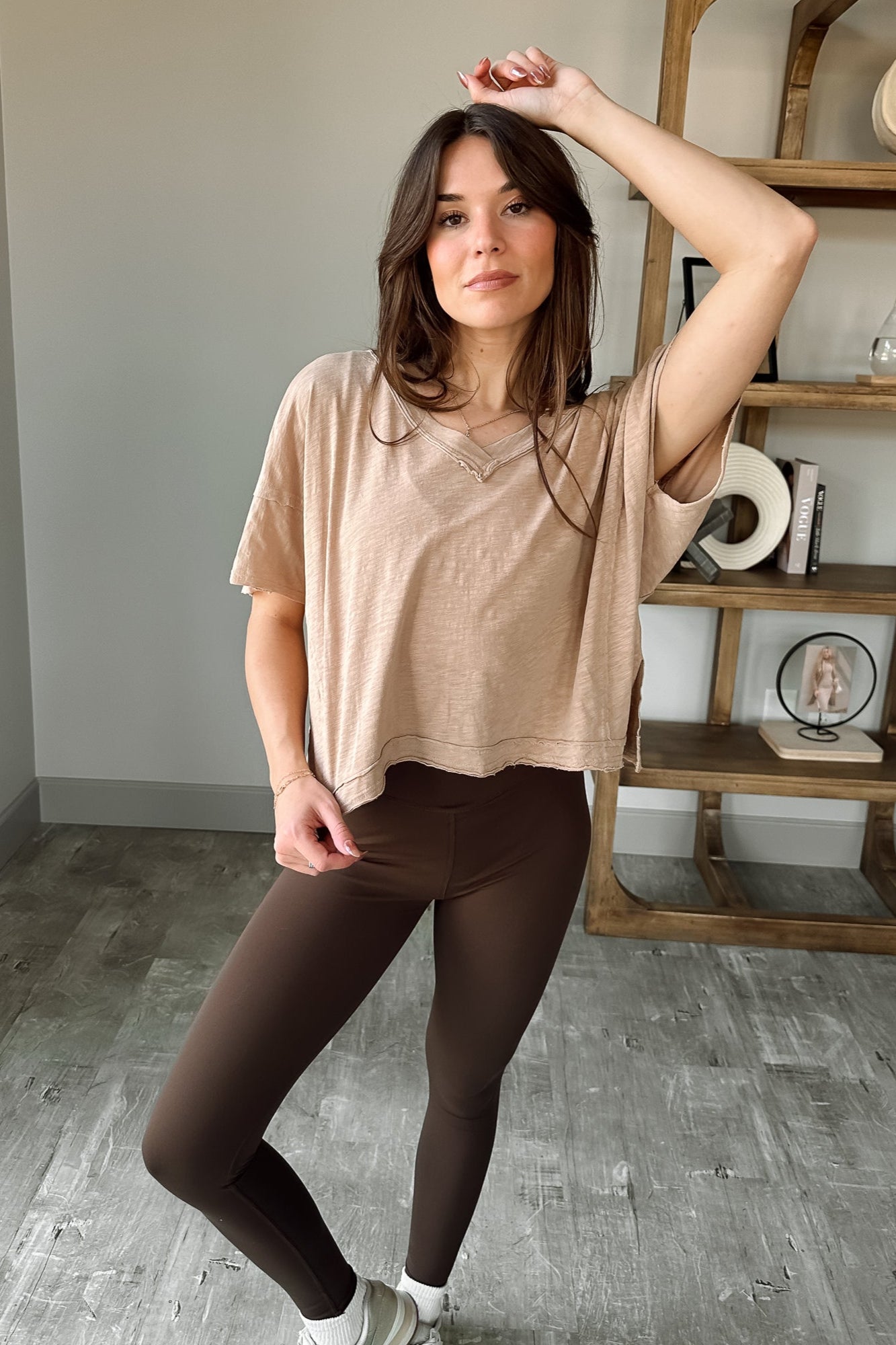 Elena Dark Taupe V-Neckline Top- full body view