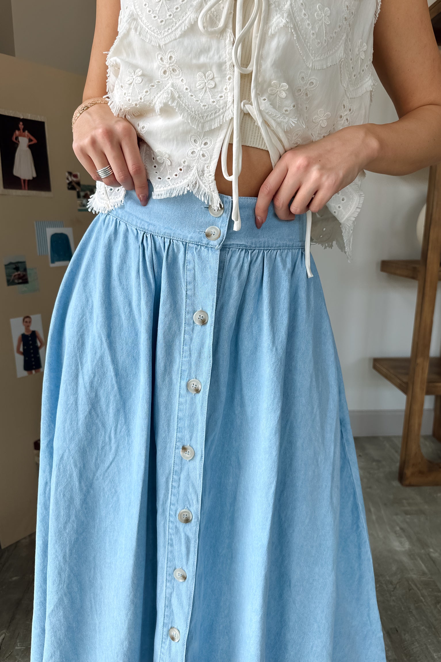 Saylor Light Denim Midi Skirt- close up top view