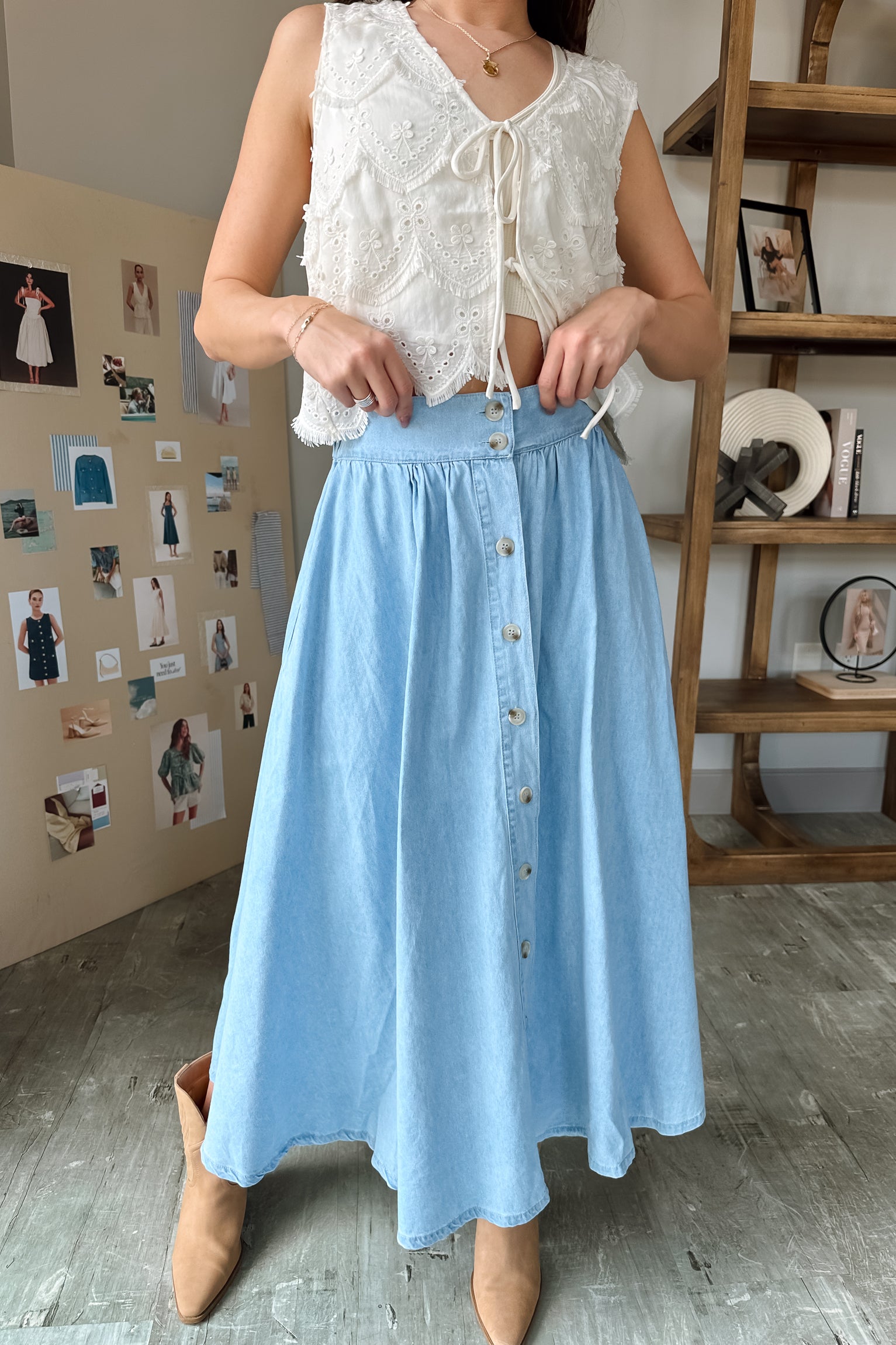 Saylor Light Denim Midi Skirt- front view