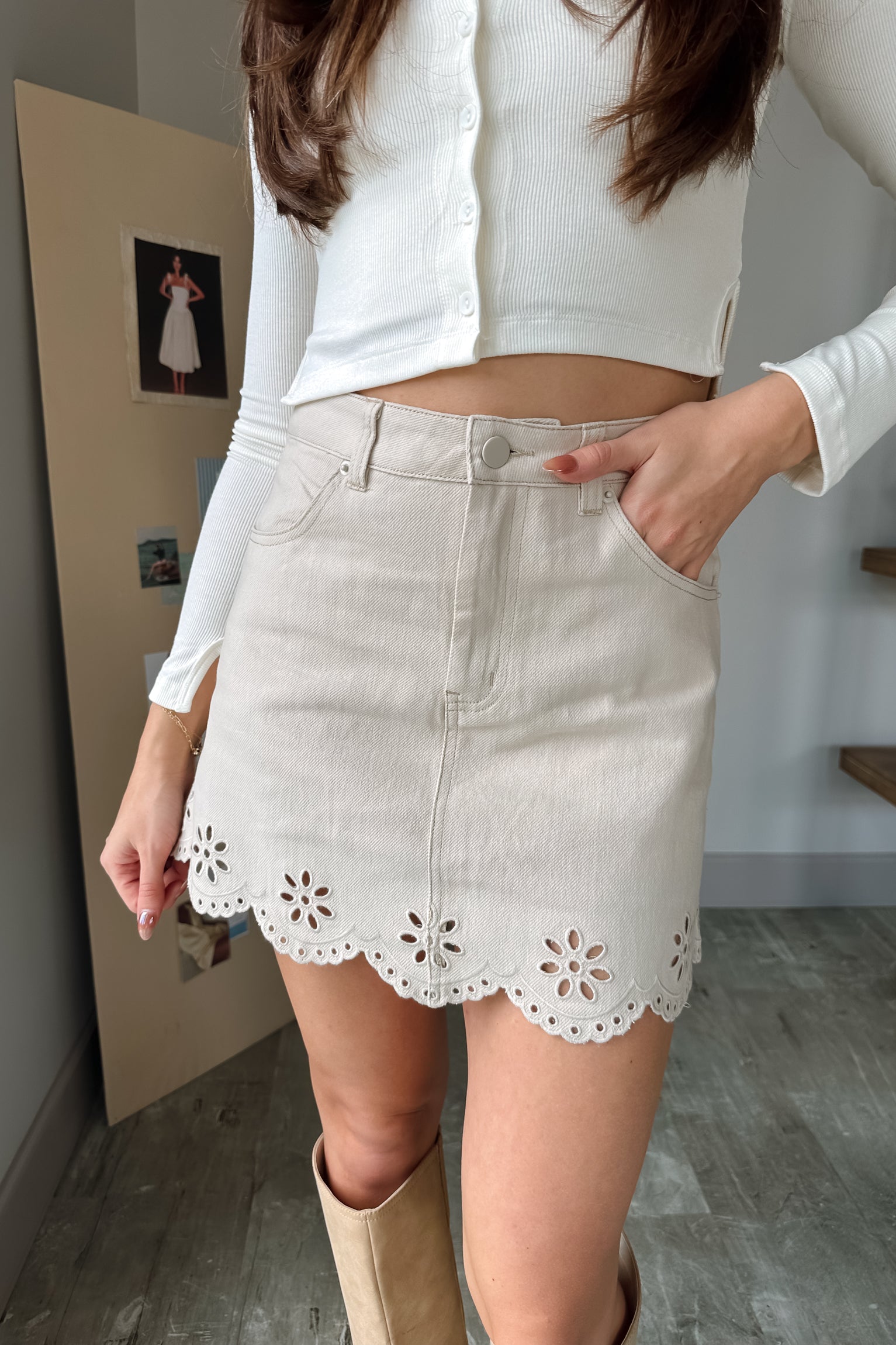 Camille Ecru Eyelet Mini Skirt - close up front view