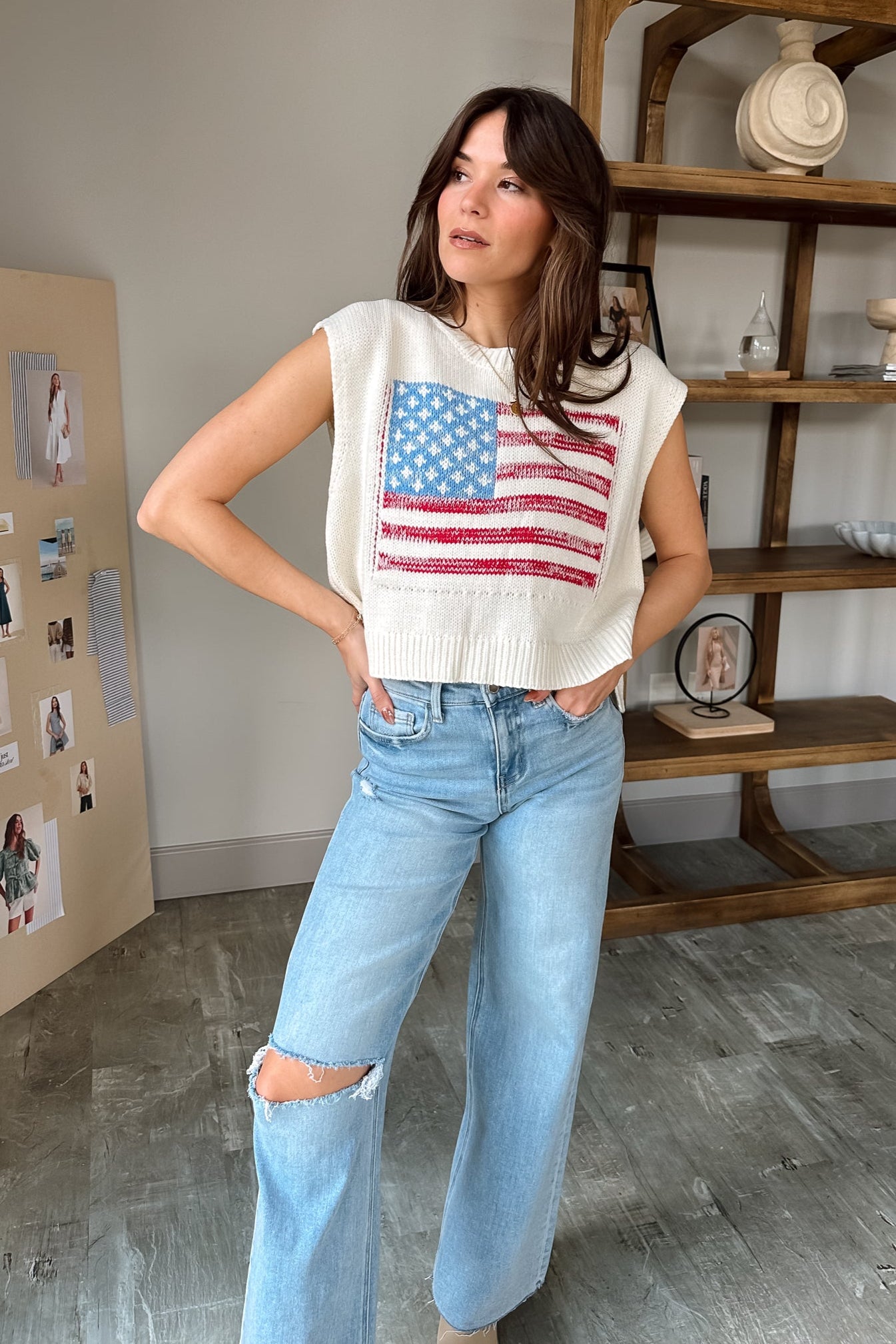 Eliza Off White American Flag Knit Tank- top view