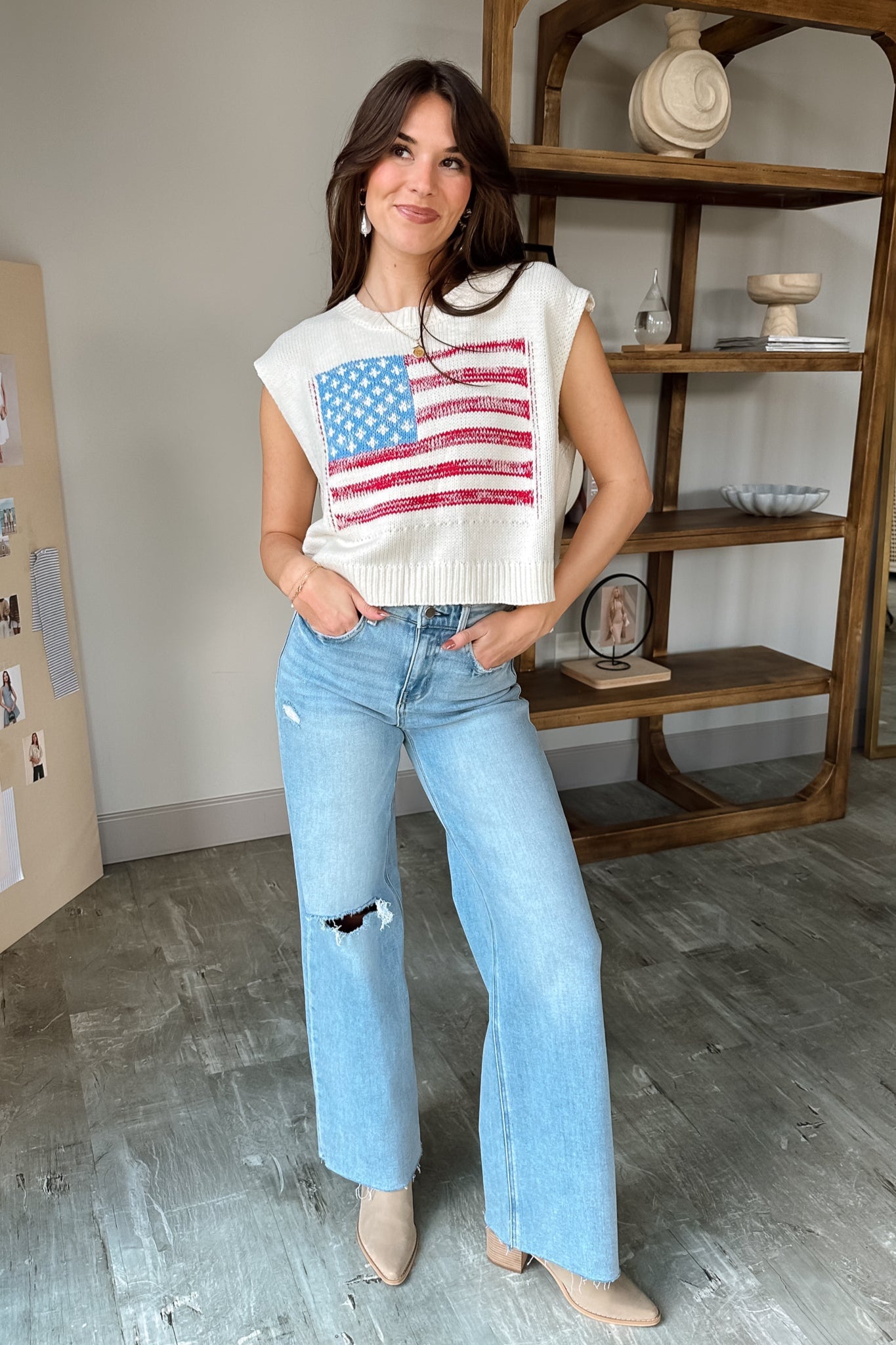 Eliza Off White American Flag Knit Tank- full body front view