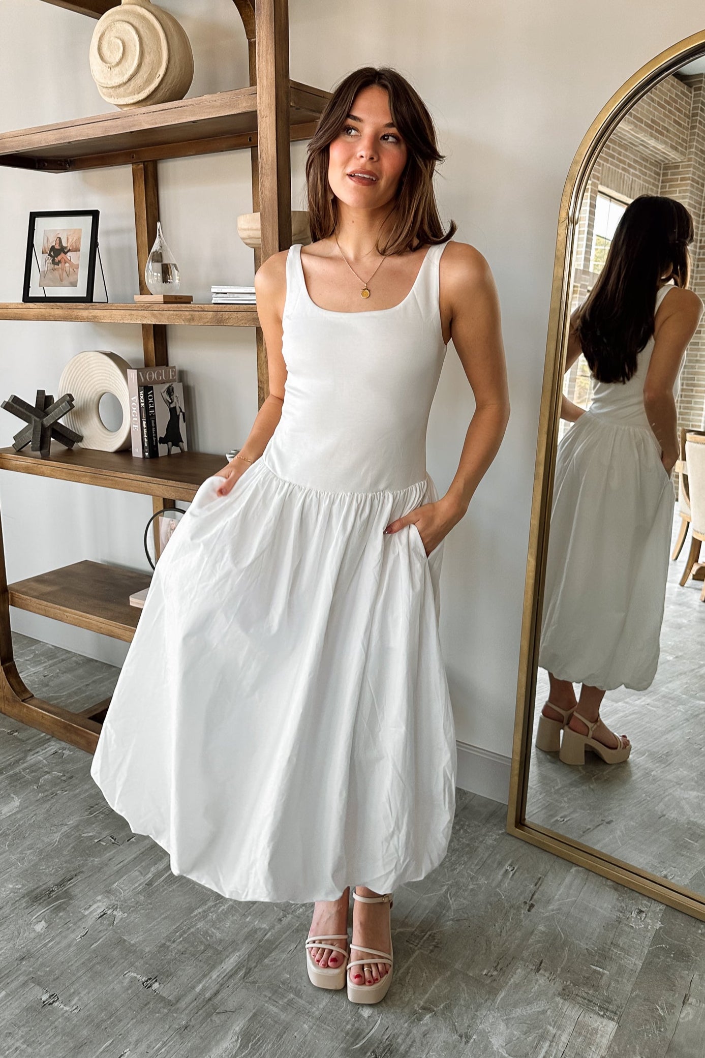 white midi bubble dress On Cloud Nine Bubble Midi Dress
