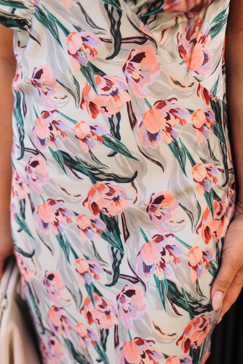 Close image of fabric on the Alison Sage Floral Sleeveless Satin Midi.