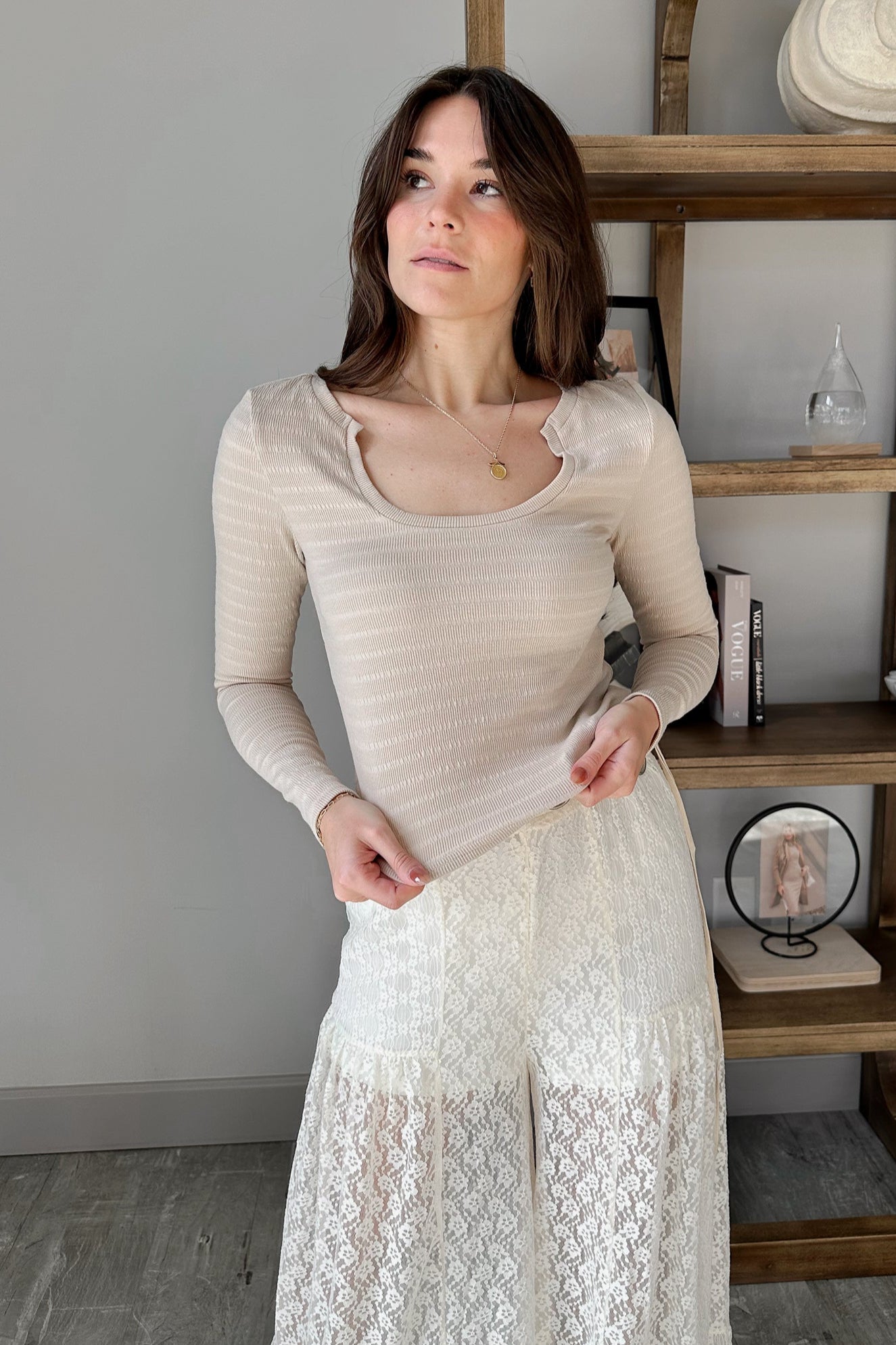 Kyla Natural Scoop Long Sleeve Top- top view