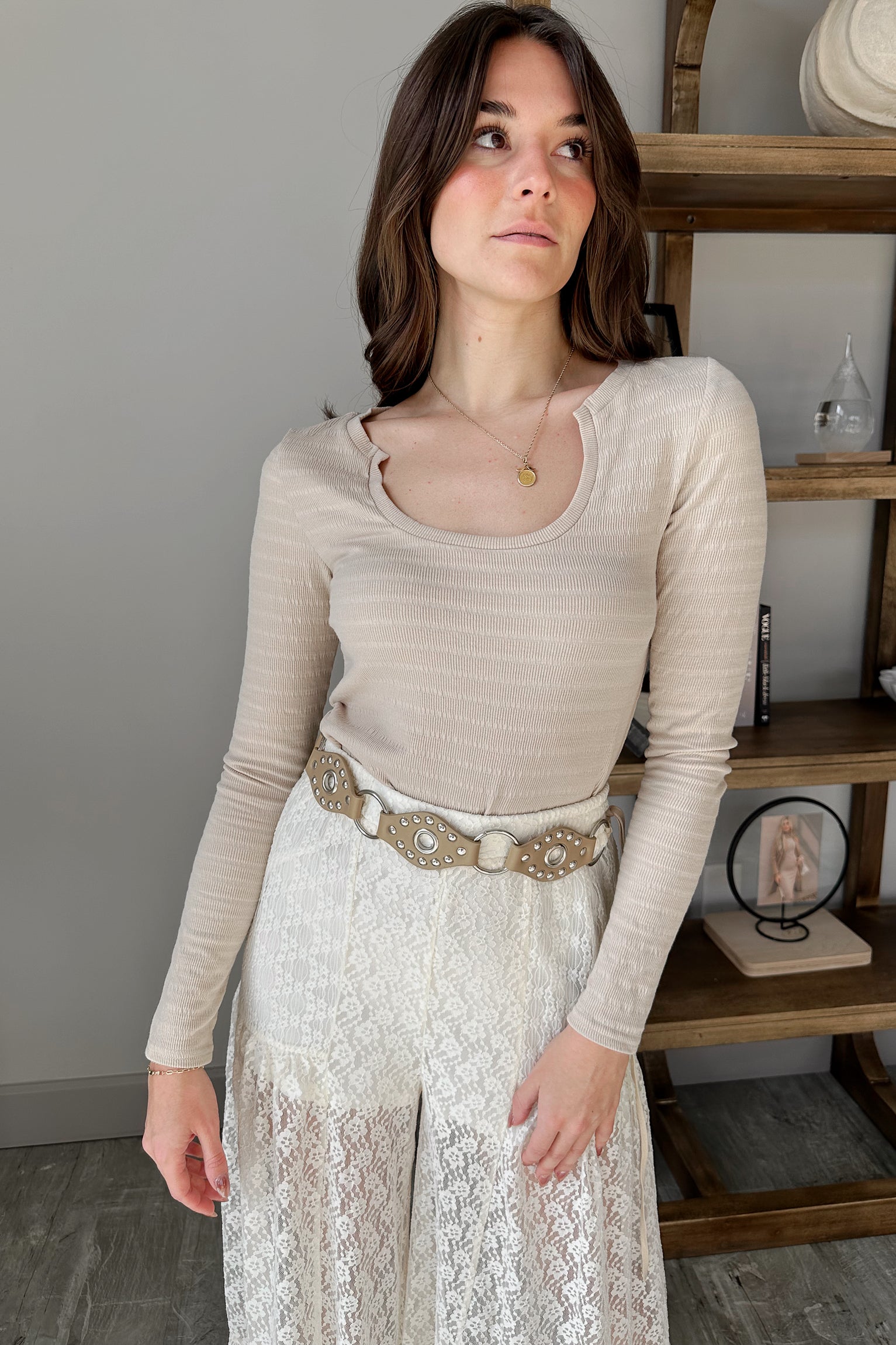 Kyla Natural Scoop Long Sleeve Top- front view