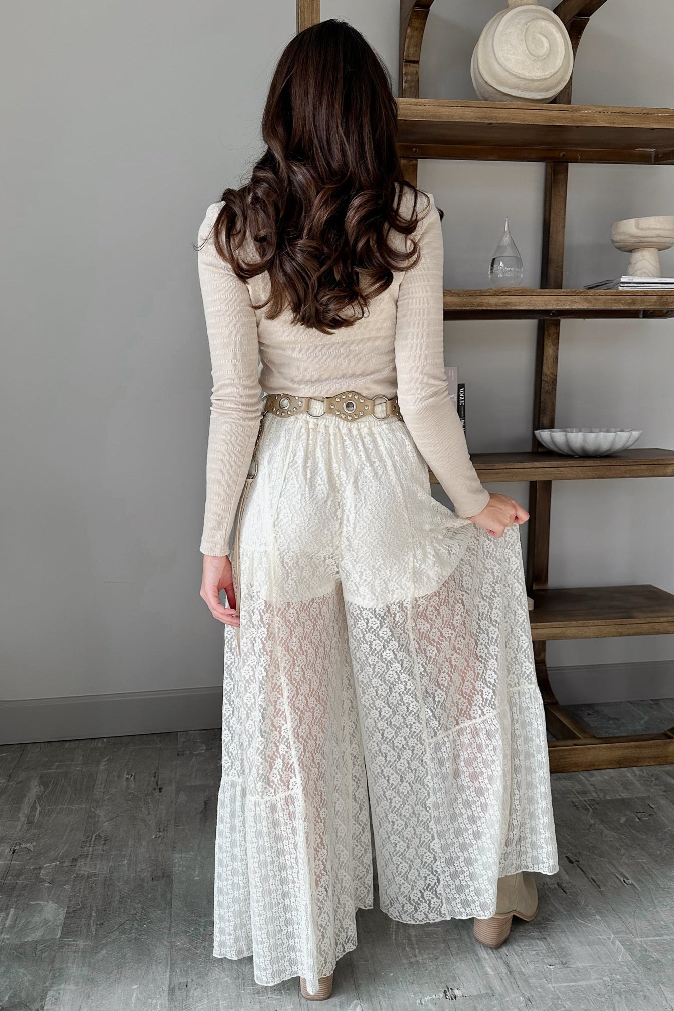 Stella Cream Lace Wide Leg Pant- full body back view