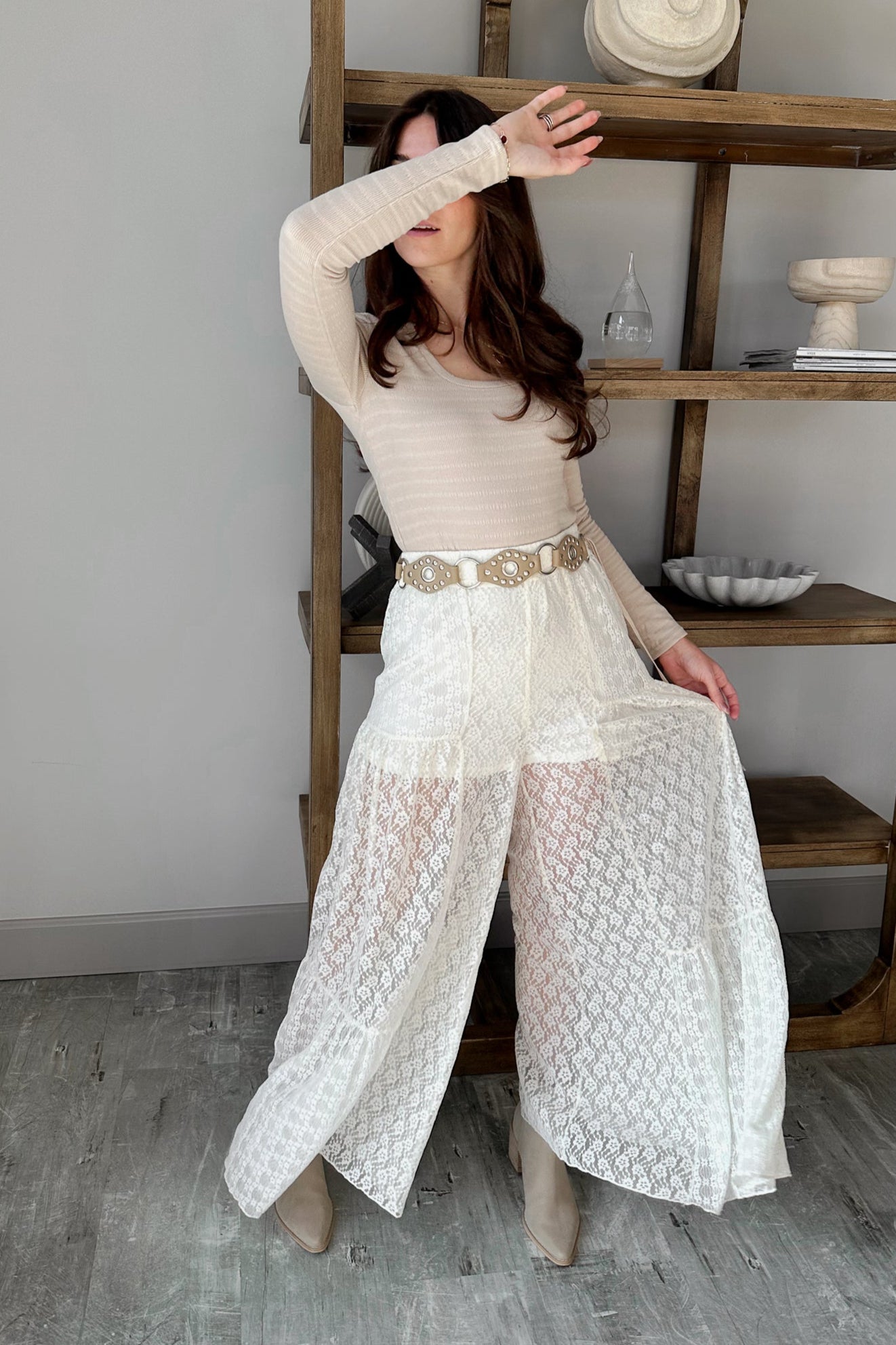 Stella Cream Lace Wide Leg Pant- full body view