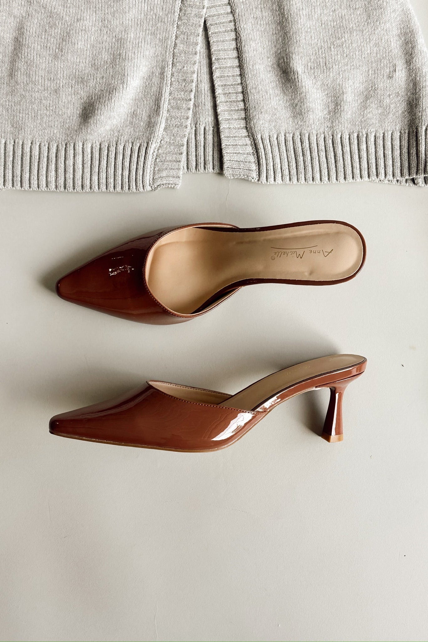 Scarlet Brown Patent Leather Pointed Toe Heel- flat lay view