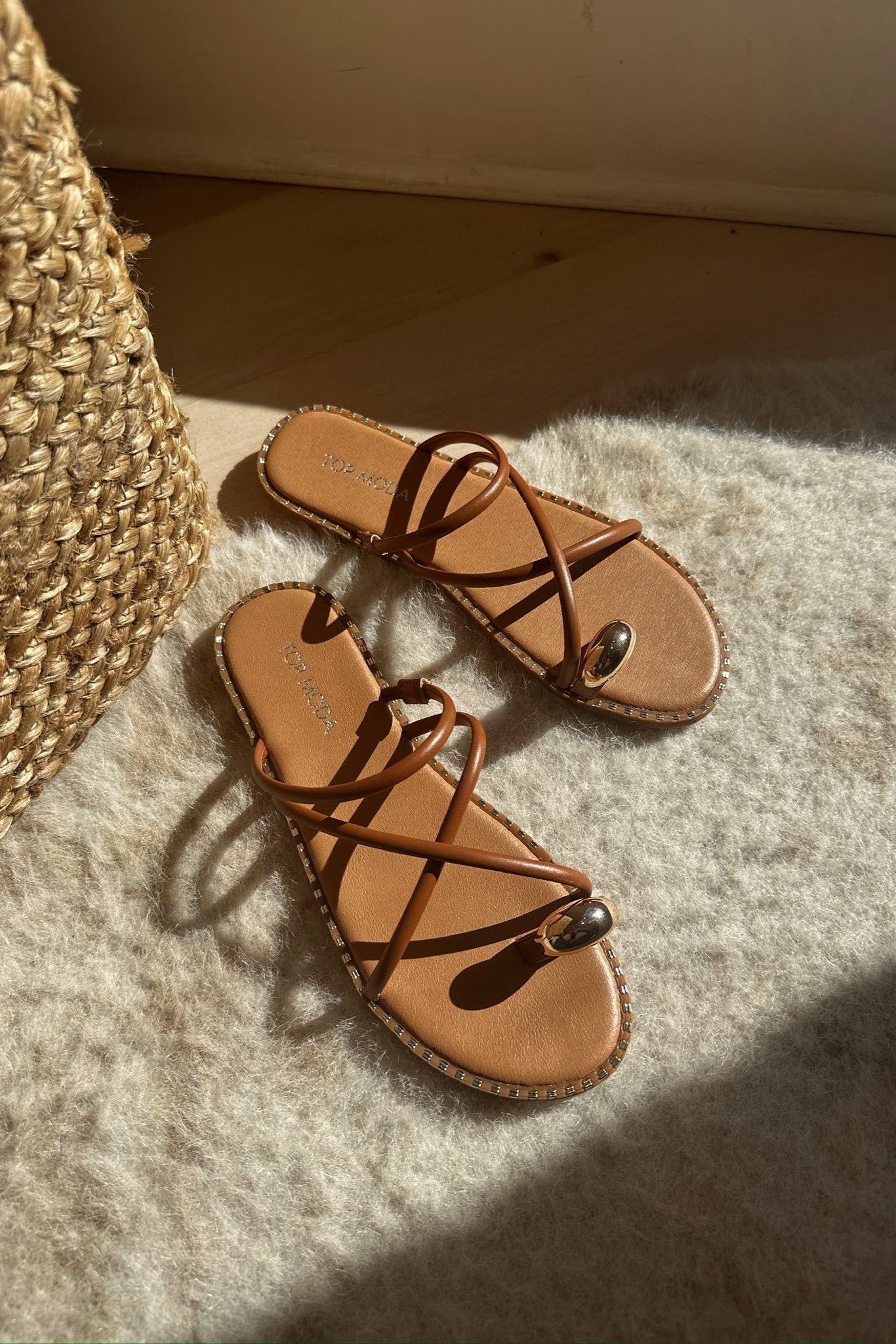 Mick Brown & Gold Strappy Toe Sandal- flat lay view