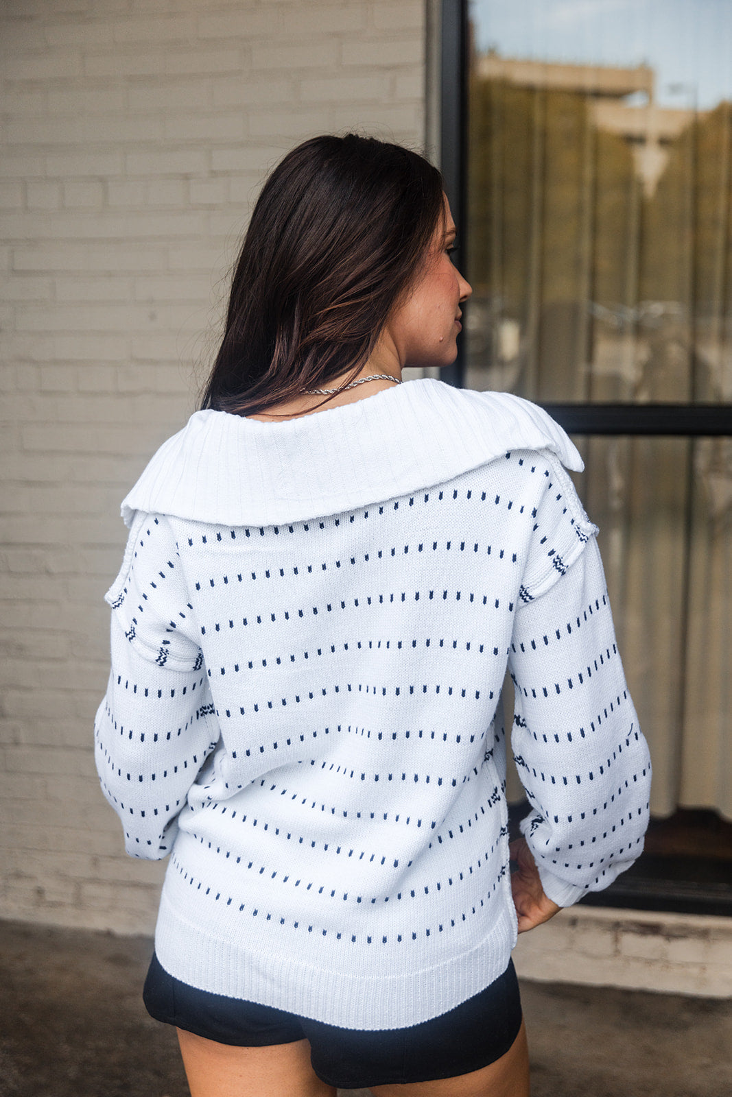 Rory White & Navy Collared Sweater -back view