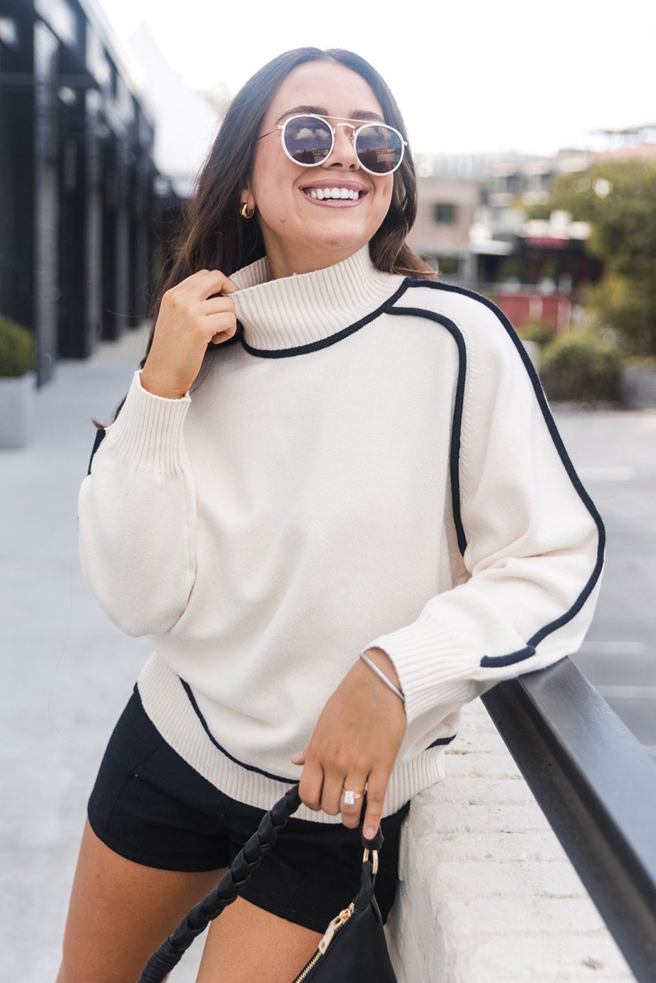 Anya Cream & Black Mock Neck Sweater - front view