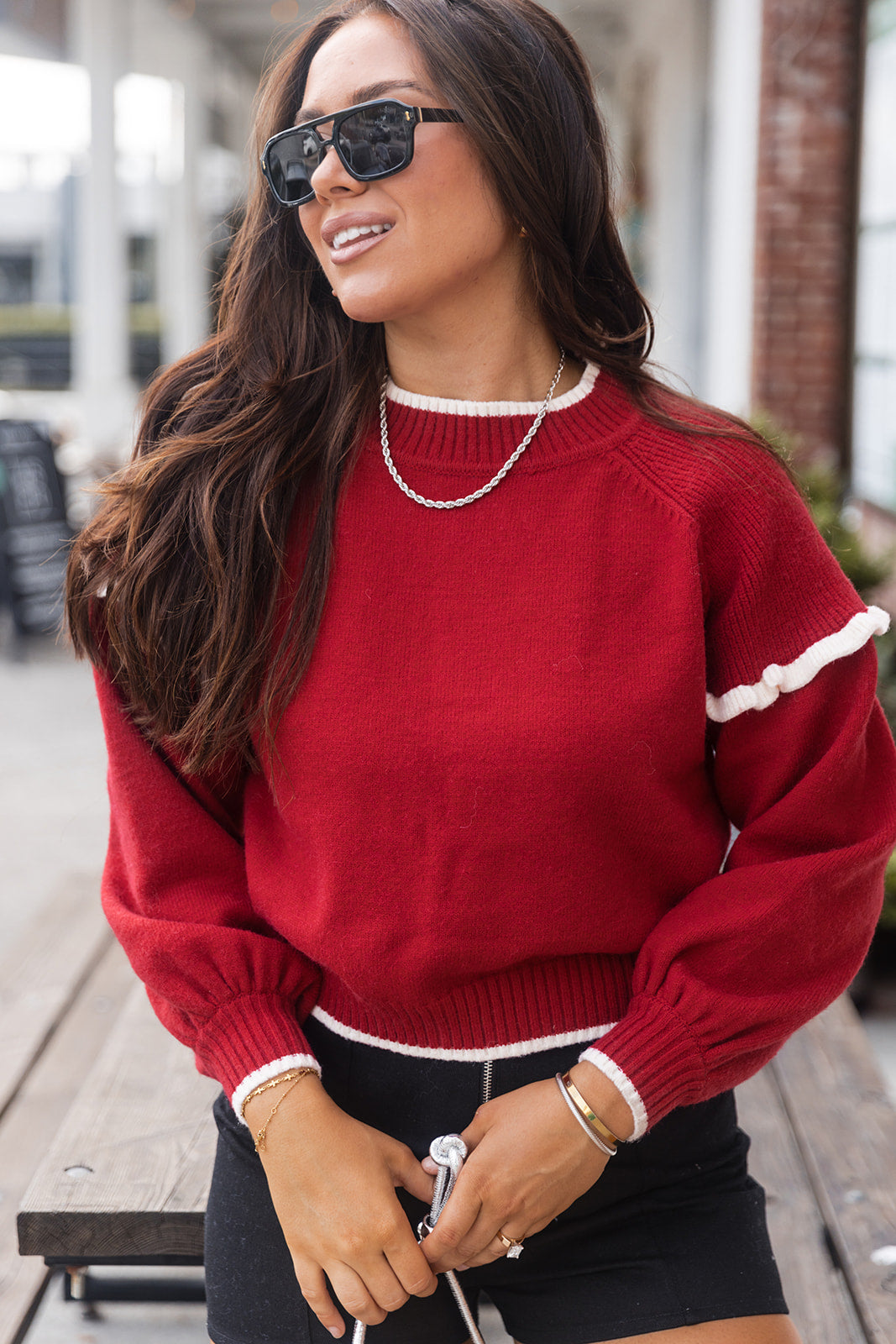 Margot Color Block Ruffle Sweater- red- close up front view