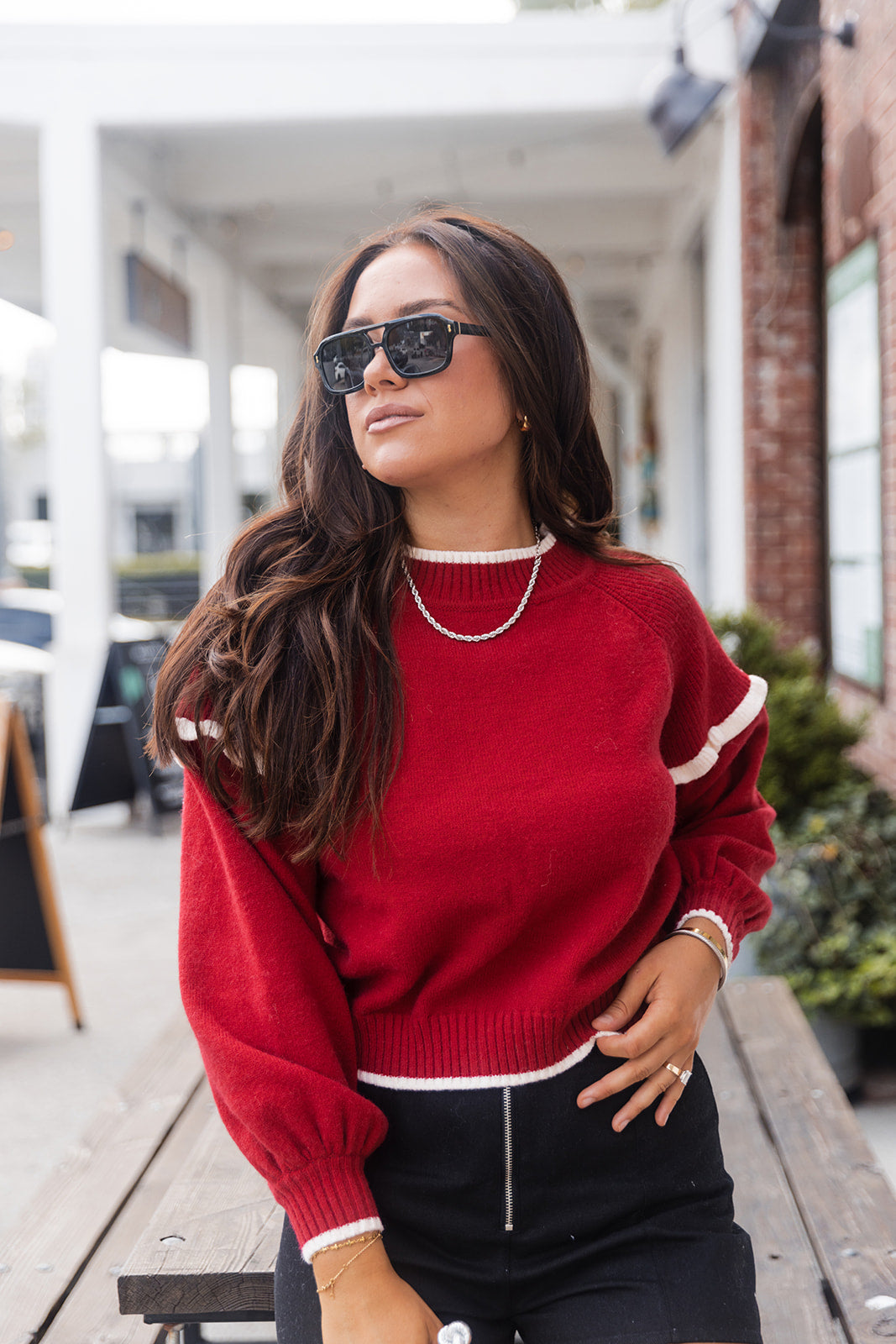 Margot Color Block Ruffle Sweater- red- front view