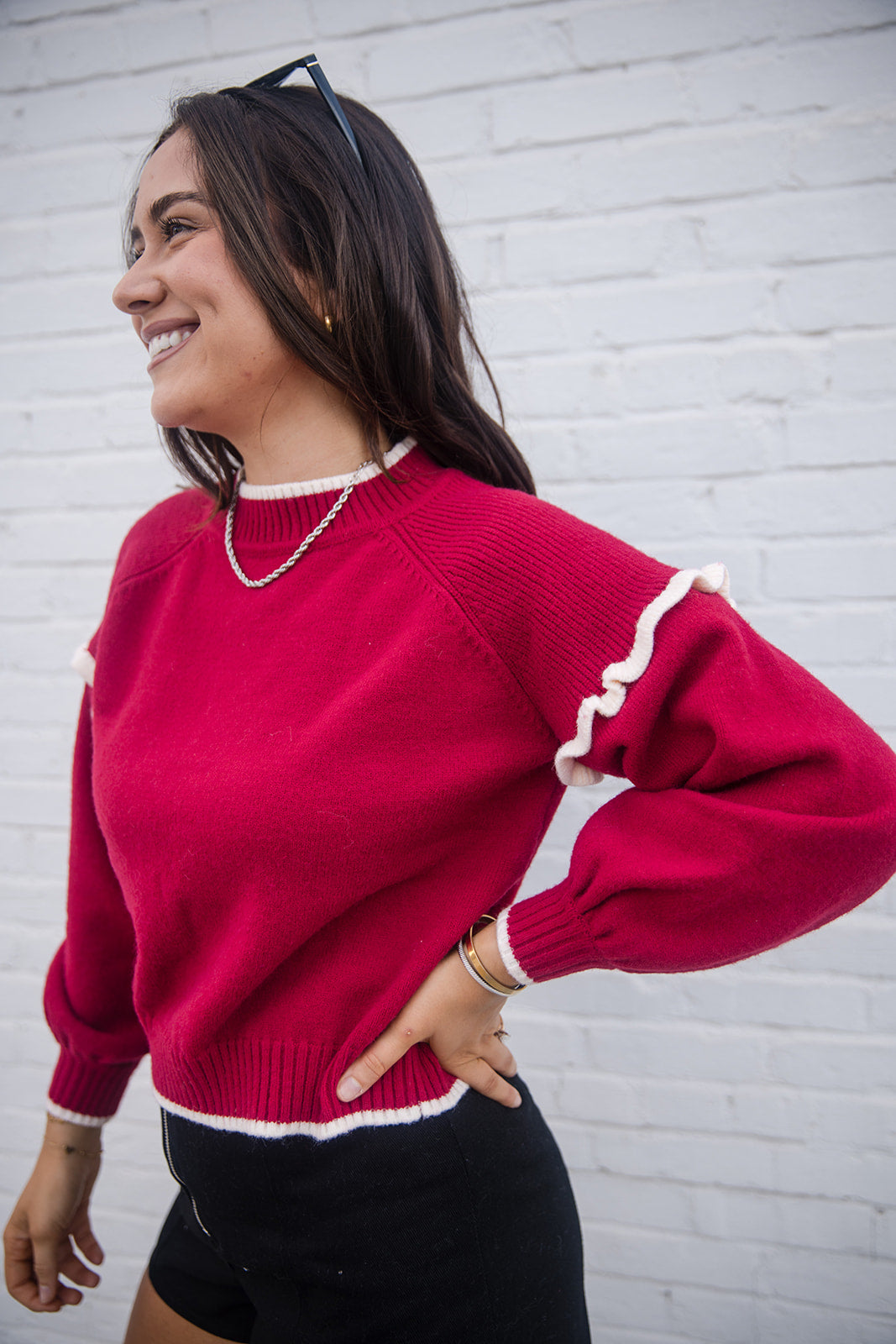 Margot Color Block Ruffle Sweater- red- side view