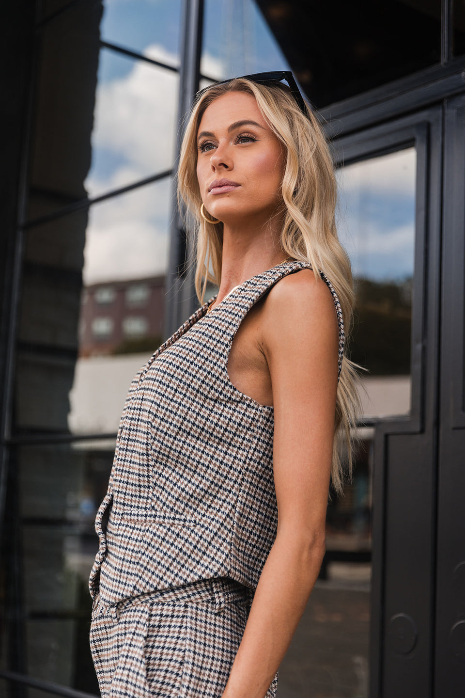 Hestia Houndstooth Brown Top
