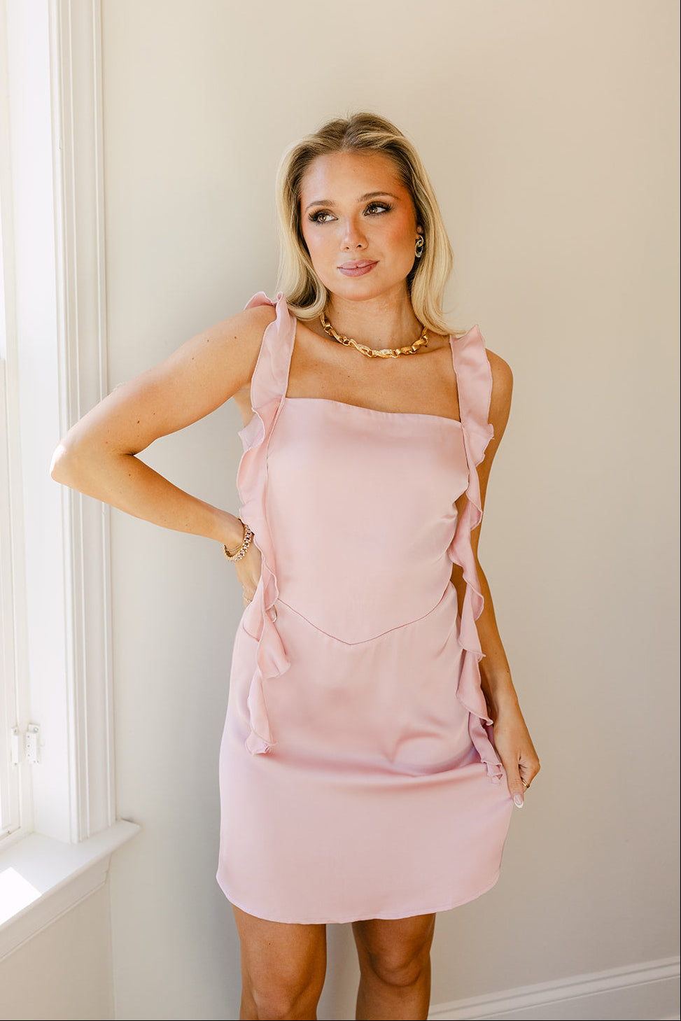 Pink Ruffled Satin Mini Dress - Esme Sleeveless Dress - Lizard Thicket Pink Ruffled Satin Mini Dress - Esme Sleeveless Dress - Lizard Thicket